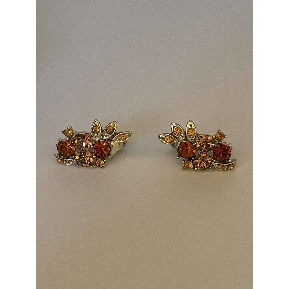 Signed Coro Vintage Textured Gold Tone Orange Brown Rhinestone Clip On Earrings